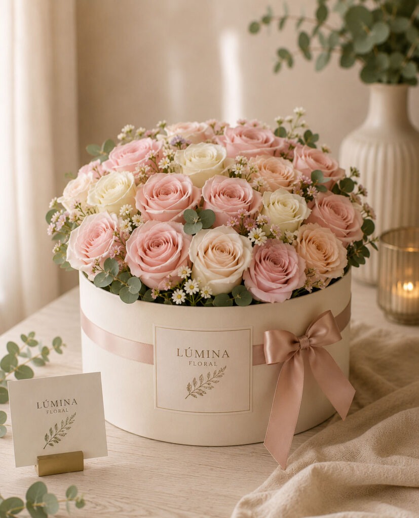 Caja de rosas elegante en tonos pastel de Lúmina Floral