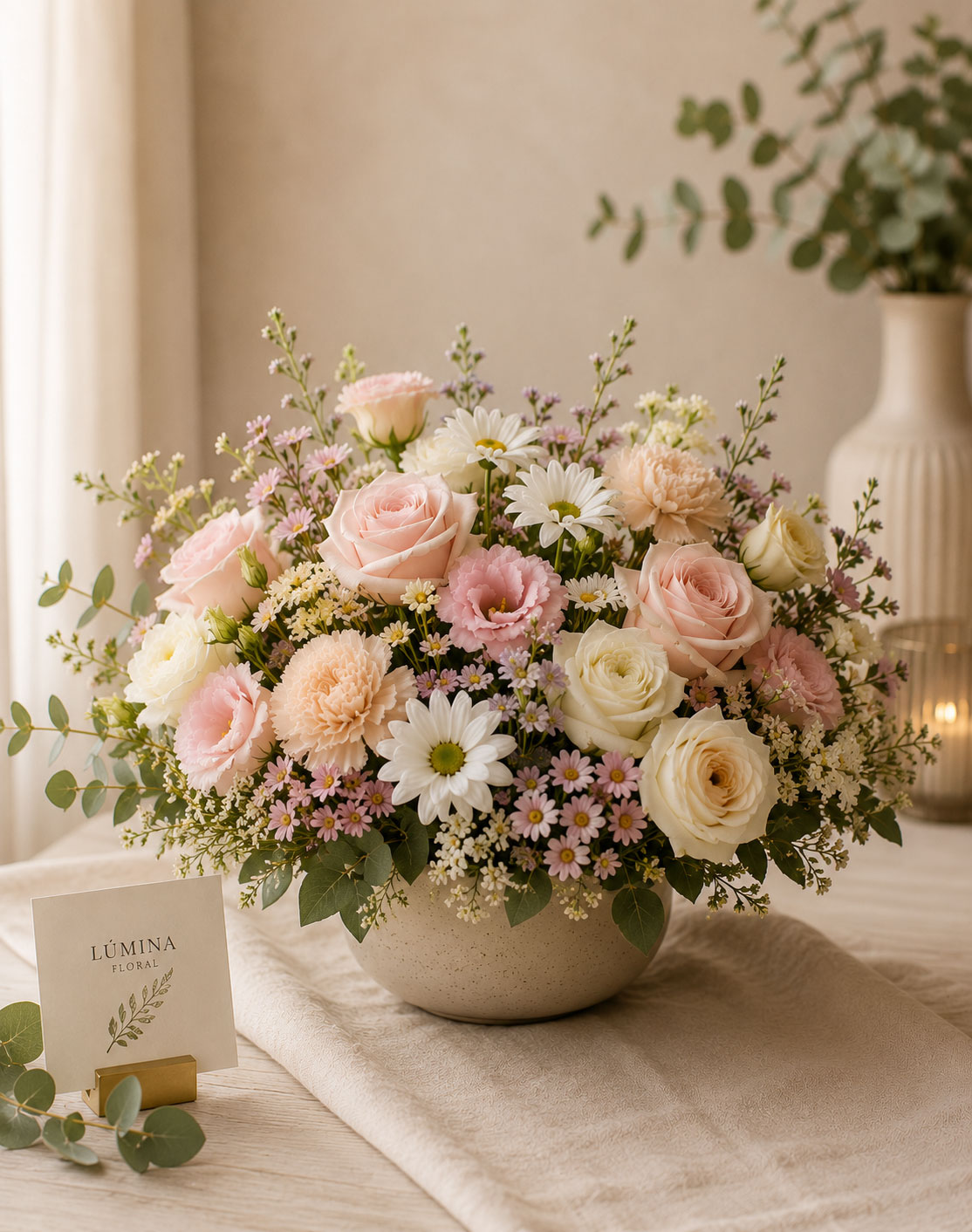 Centro de flores pastel elegante con rosas y flores naturales de Lúmina Floral