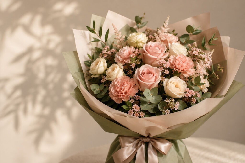 Ramo personalizado elegante con rosas y flores naturales de Lúmina Floral