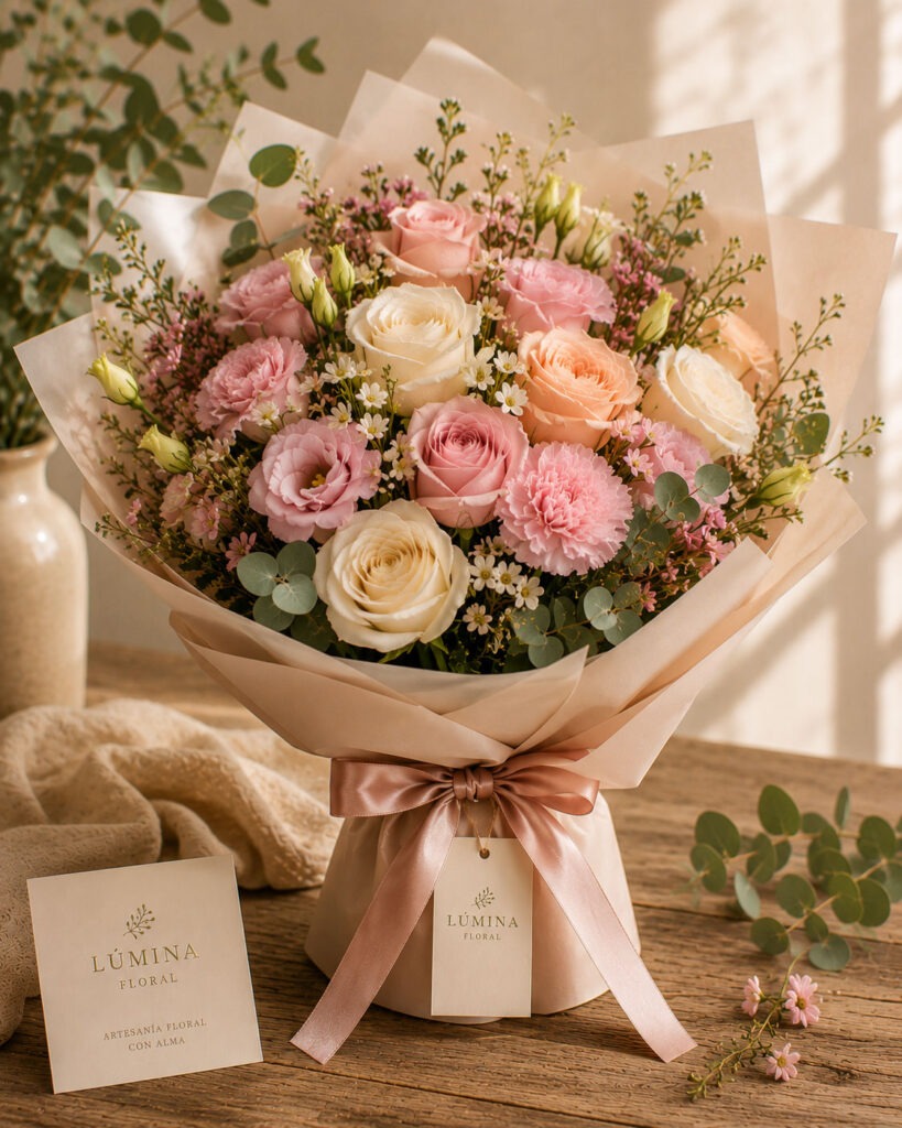 Bouquet Esencia con rosas y flores naturales en tonos suaves de Lúmina Floral