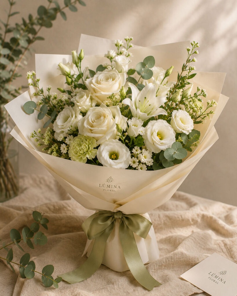 Bouquet Serenity con flores blancas y verdes naturales de Lúmina Floral