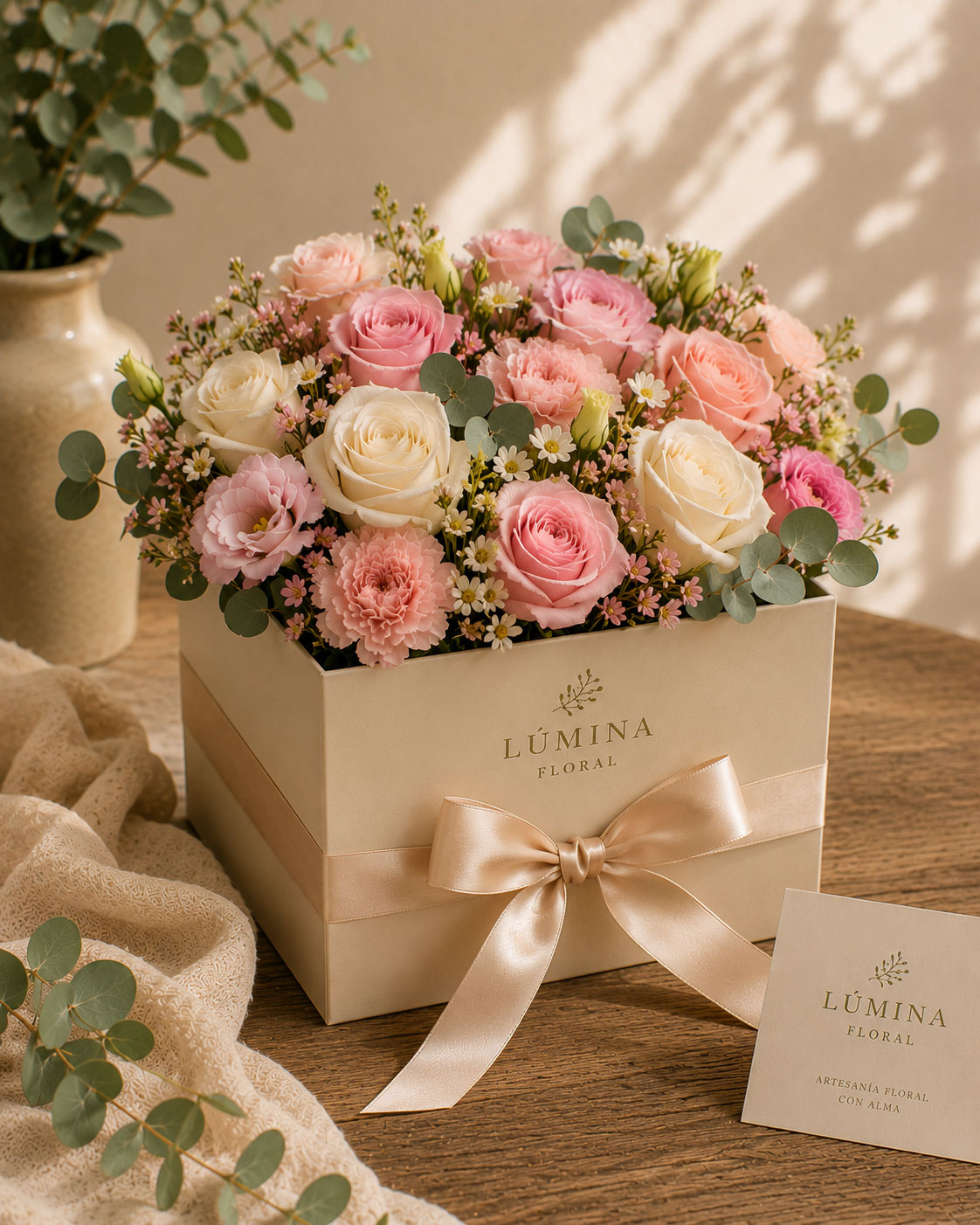 Caja Bloom con flores mixtas en tonos pastel y verdes naturales de Lúmina Floral