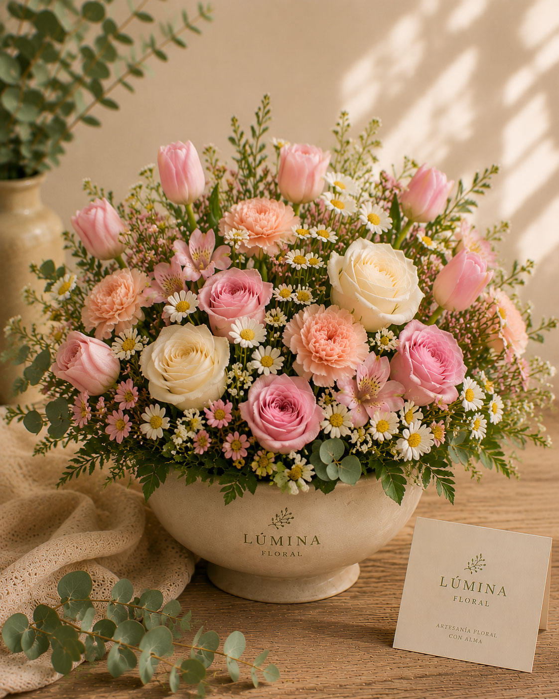 Centro Primavera con flores pastel y follaje natural en cuenco de piedra de Lúmina Floral