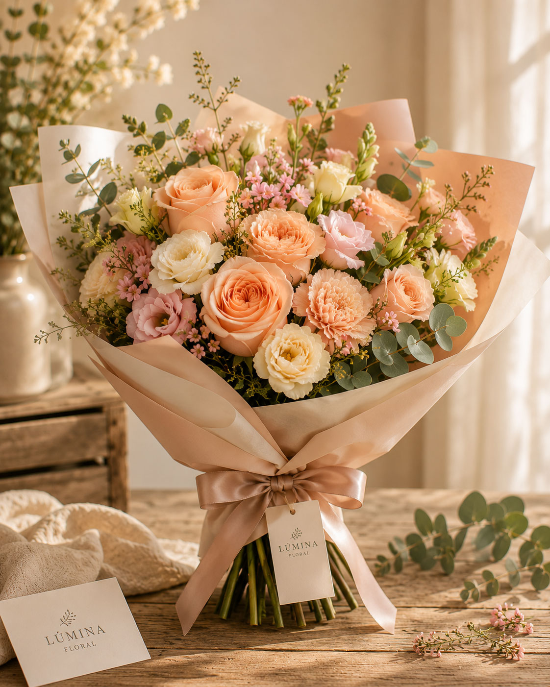 Ramo Aurora con flores en tonos melocotón y rosados de Lúmina Floral