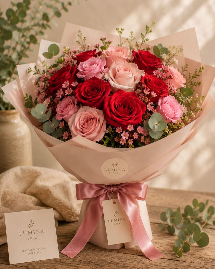Ramo Romance con rosas rojas y rosadas de Lúmina Floral